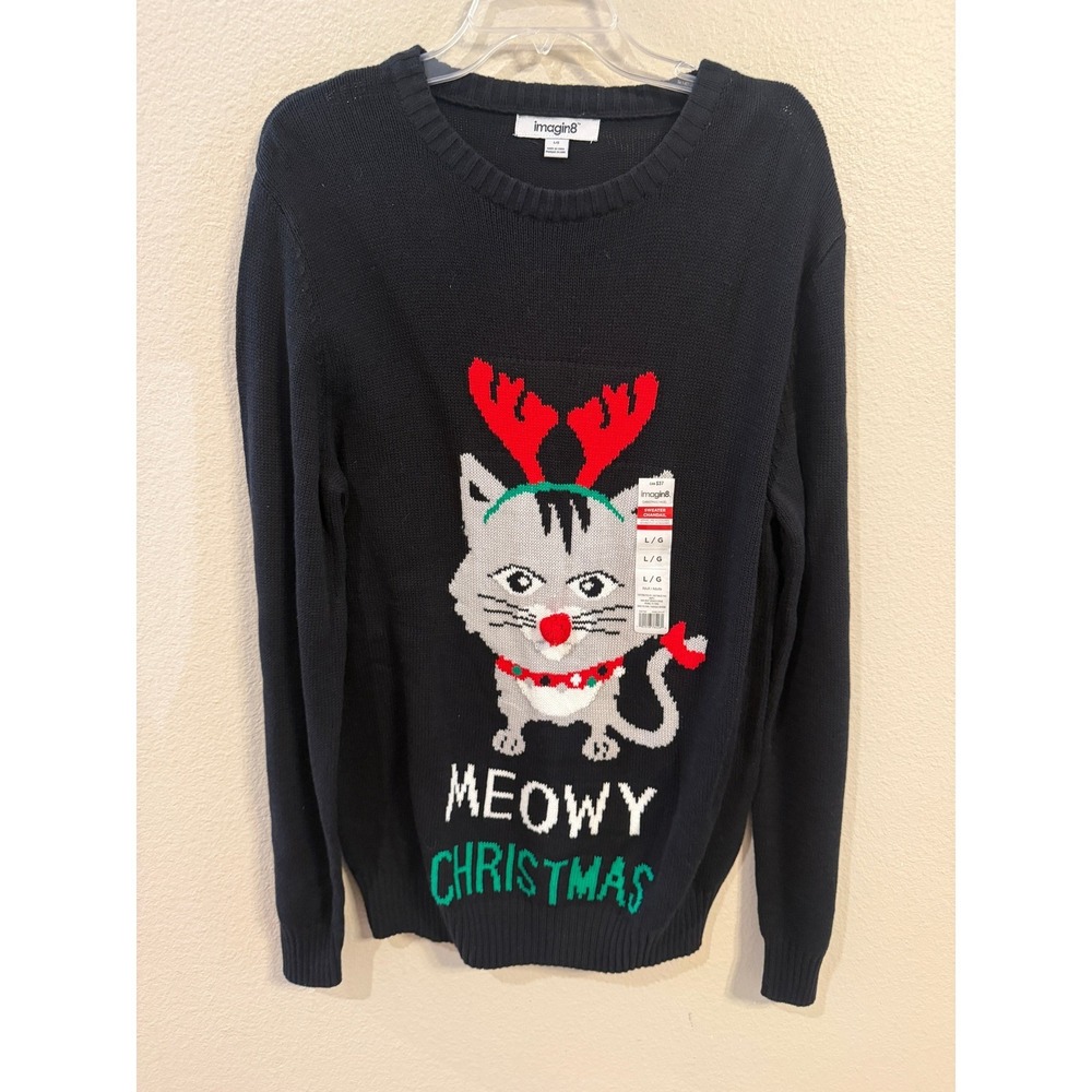 imagin8 Meowy Christmas Sweater Women Large‎  NEW Cat Reindeer Graphic Novelty